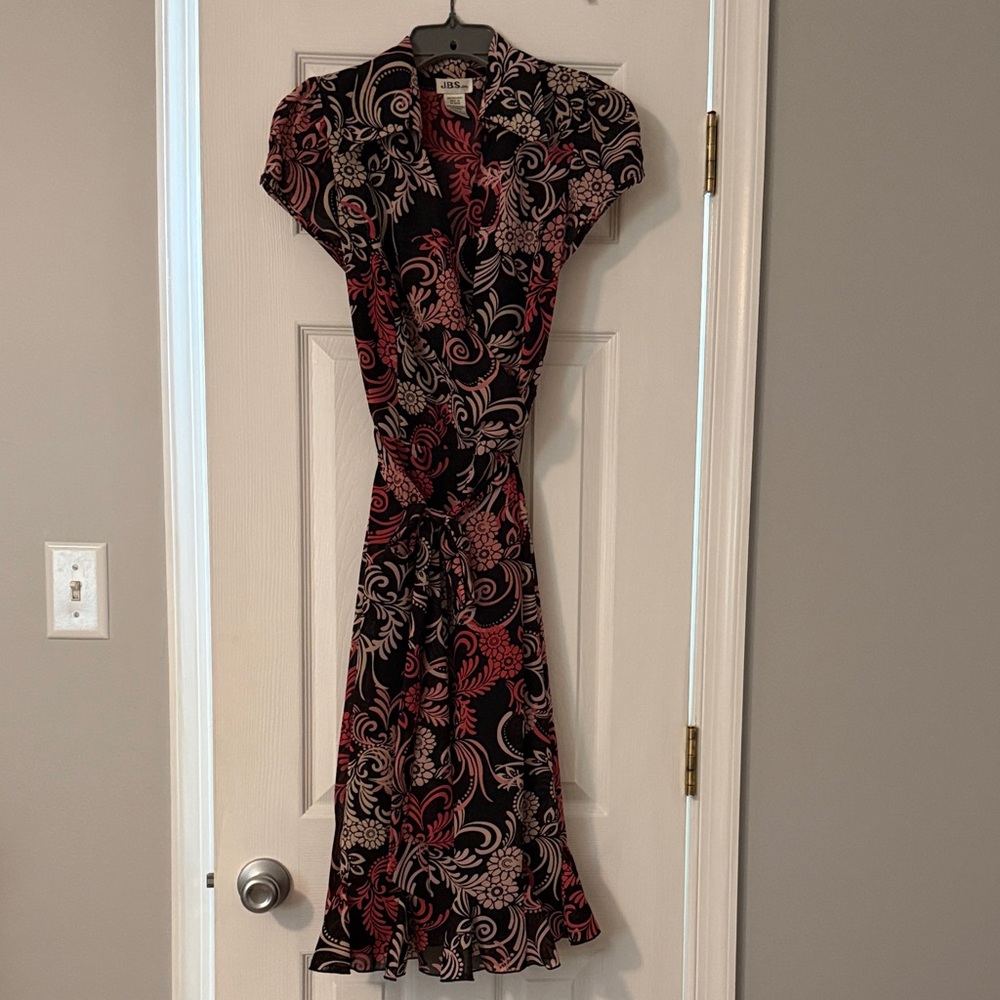 J.B.S. Sheer Black and Pink Floral Dress with Slip Women’s Size 8